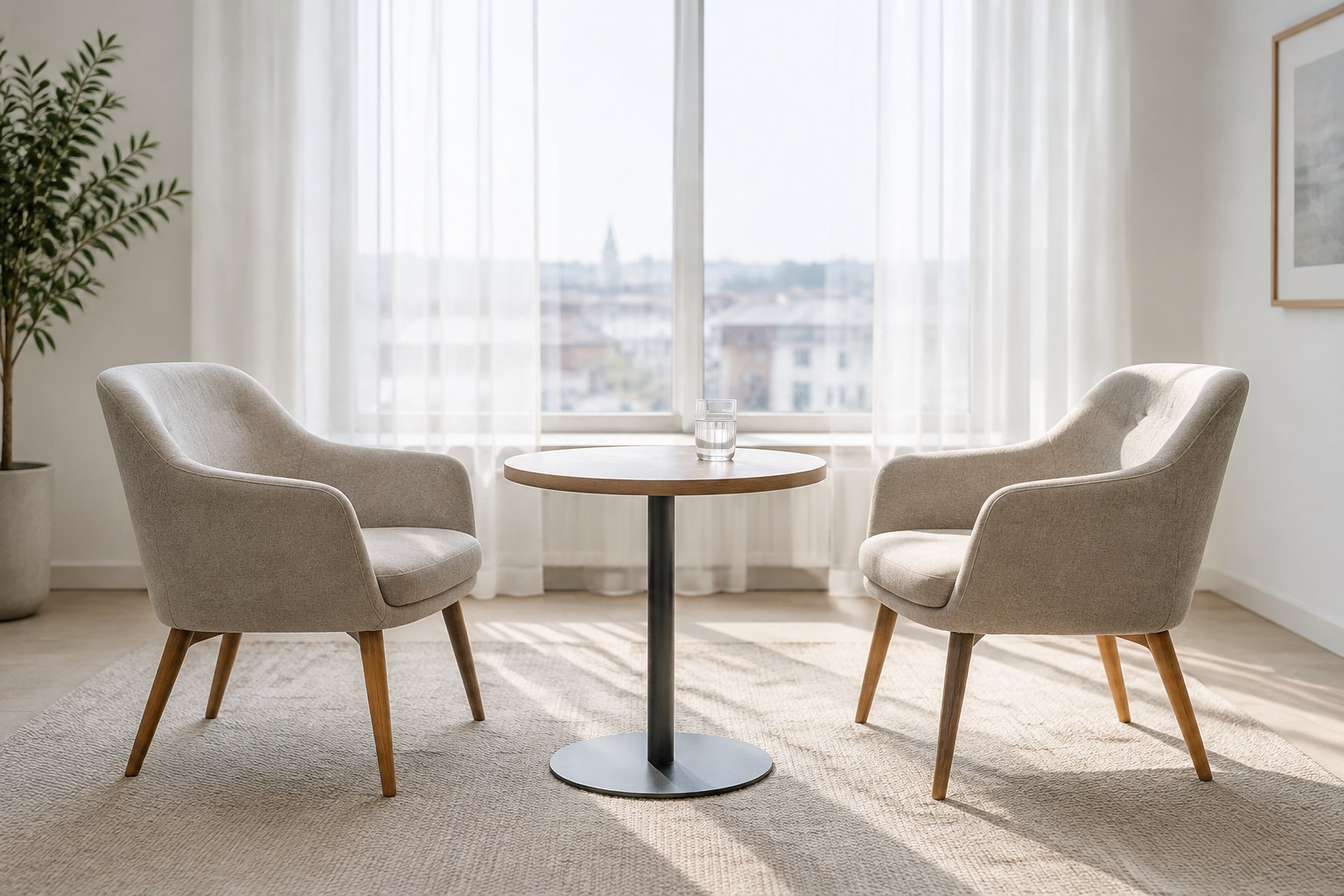 Two chairs and a small table in a quiet room