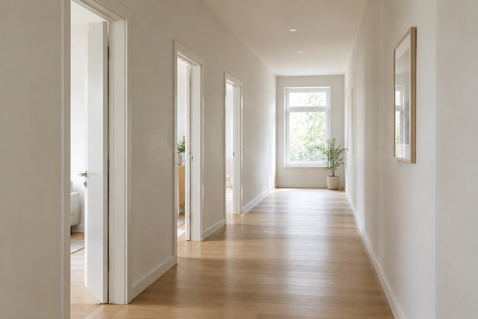 A bright corridor with several open doorways